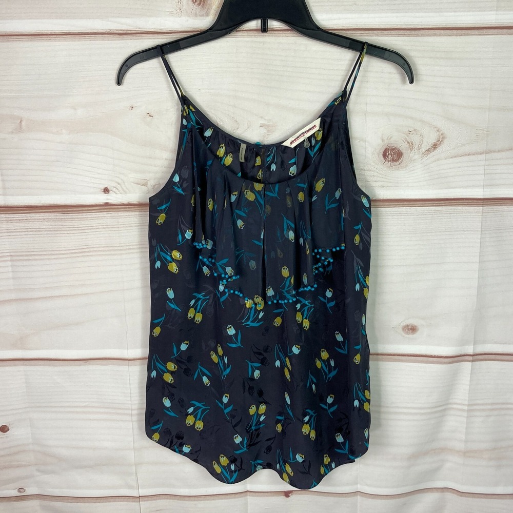 Rebecca Taylor Top Womens 2 Gray Floral‎ Silk Blouse Sleeveless Spaghetti Straps